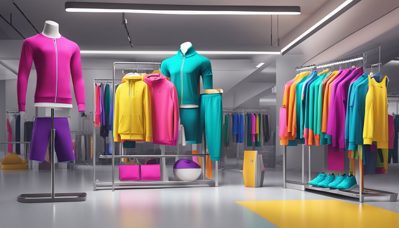 Brightly colored athletic wear on display, with sleek designs and innovative fabrics. Mannequins showcase the latest trends in gym fashion