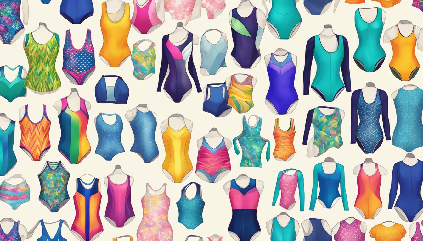 A colorful array of gymnastics leotards on display, showcasing various designs, patterns, and textures. Bright and eye-catching, the leotards are arranged on mannequins or hangers, creating a visually appealing scene for an illustrator to