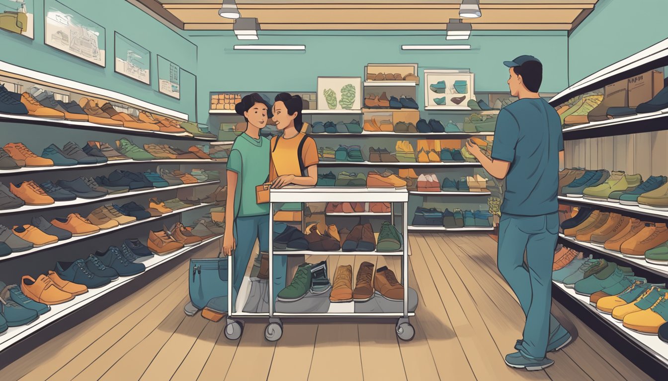 A crowded store with shelves of Merrell shoes, a customer asking a salesperson where to buy, and a sign displaying "Frequently Asked Questions."