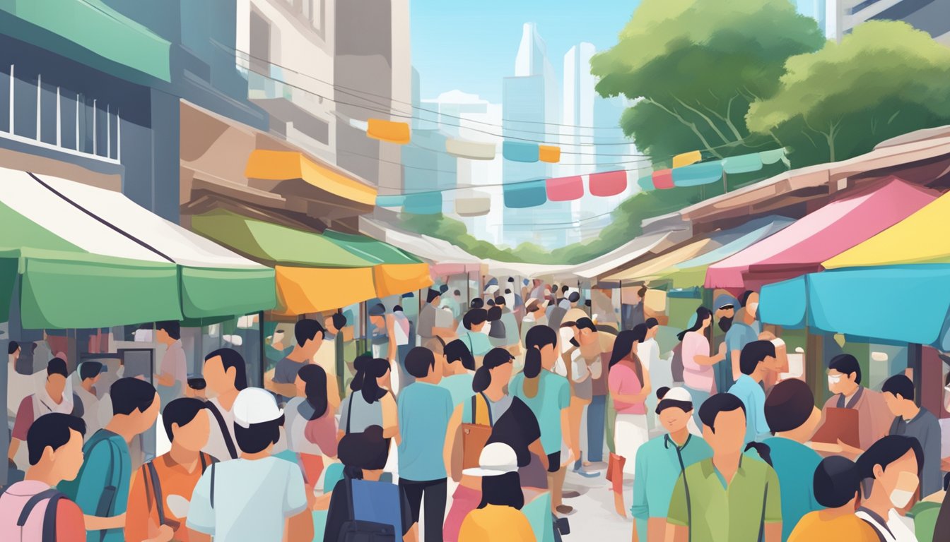 A crowded street market with colorful stalls selling affordable contact lenses in Singapore