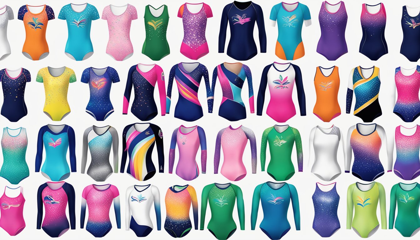 A display of various gymnastics leotard brands with logos and designs. Bright colors and sparkles catch the eye