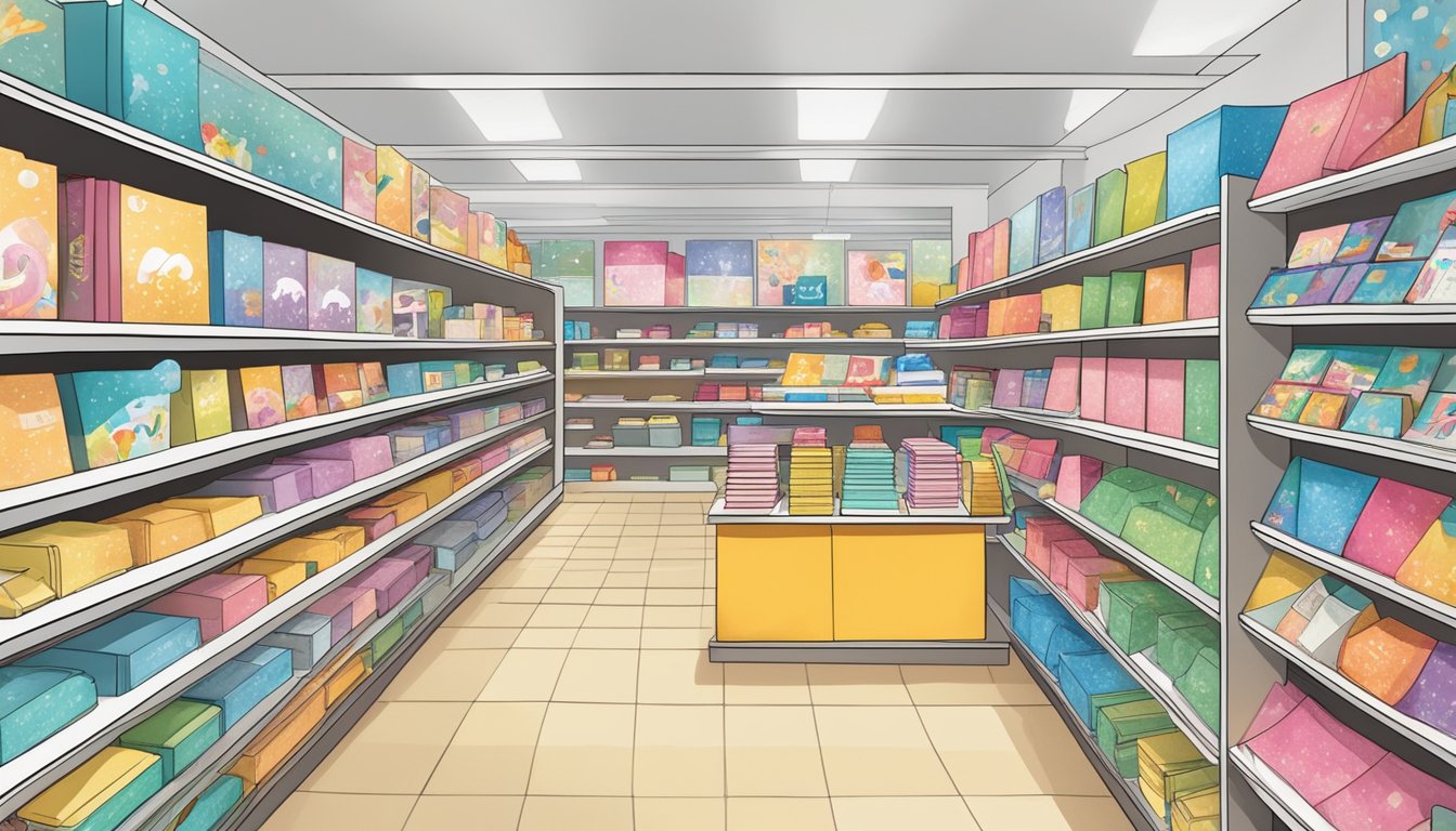 A colorful display of birthday cards at a Singaporean stationery store. Shelves filled with various designs and sizes, with a sign indicating "Birthday Cards" above