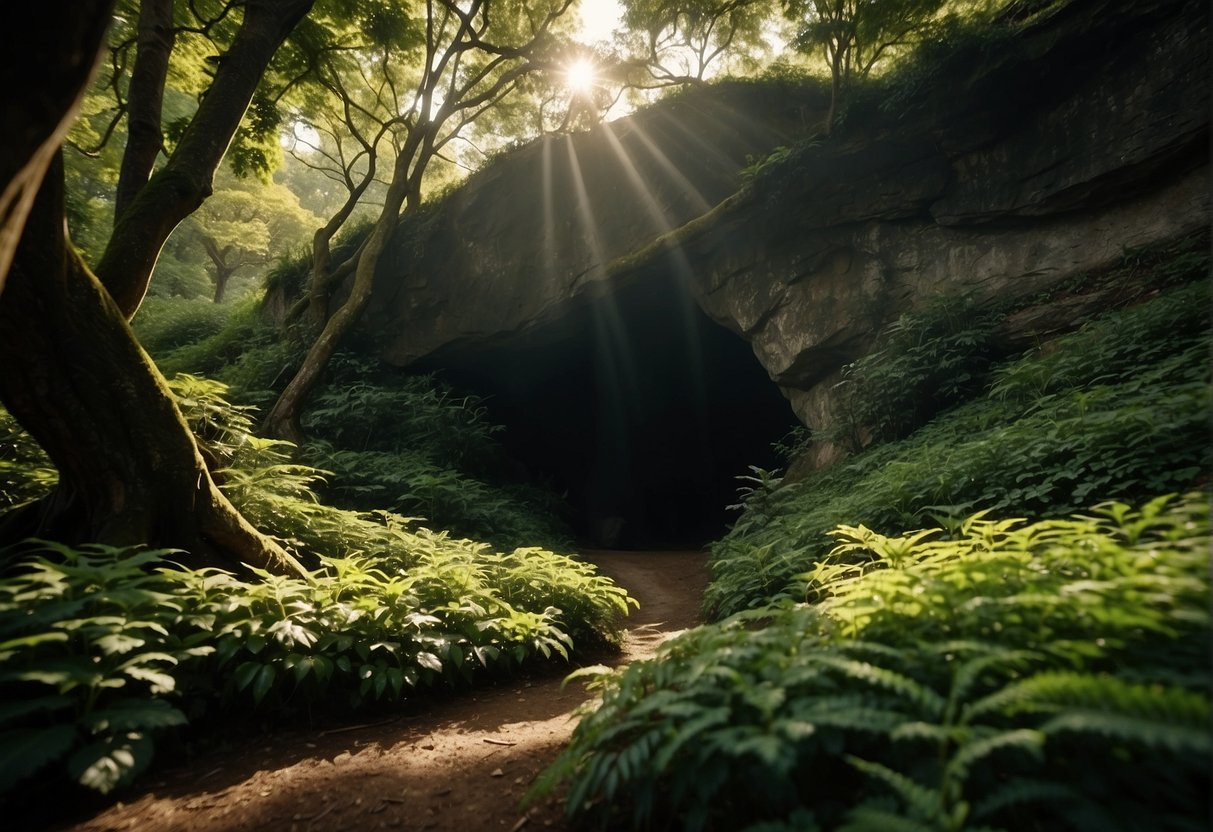 Sunlight filters through lush green foliage, illuminating the entrance to a cave. A family of four stands nearby, eagerly peering into the dark depths