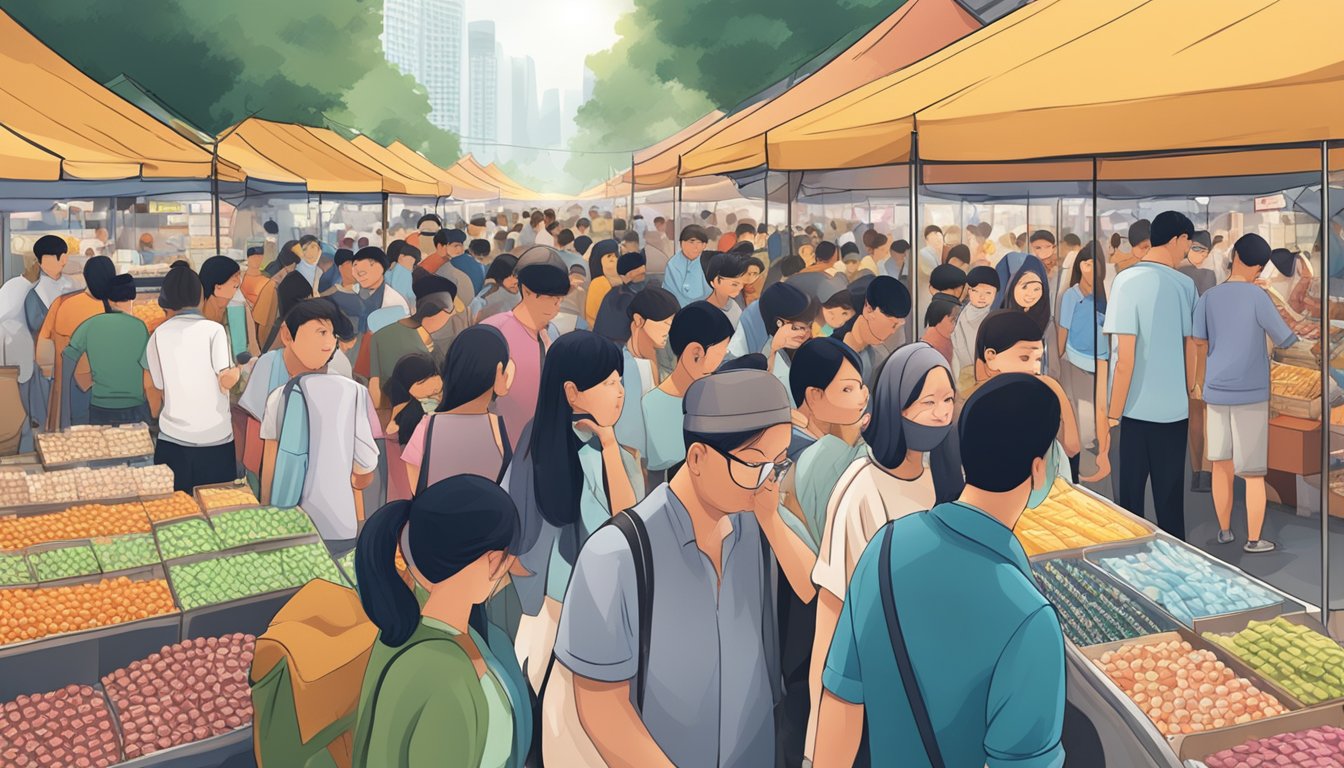 A crowded street market with vendors selling contact lenses at discounted prices in Singapore