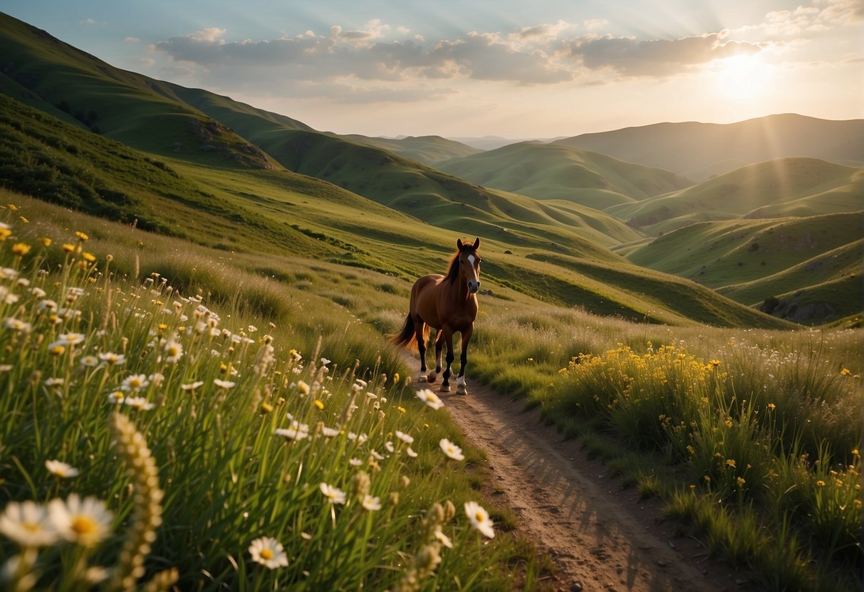 Lush green hills roll into the distance as a horse trots along a winding trail. Wildflowers bloom in the meadows, and the sun casts a warm glow on the serene landscape