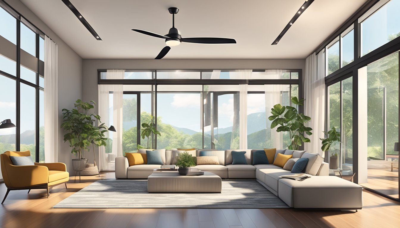 A cozy living room with a high ceiling and large windows. A sleek, modern ceiling fan hangs from the center, surrounded by various options on display in a well-lit showroom