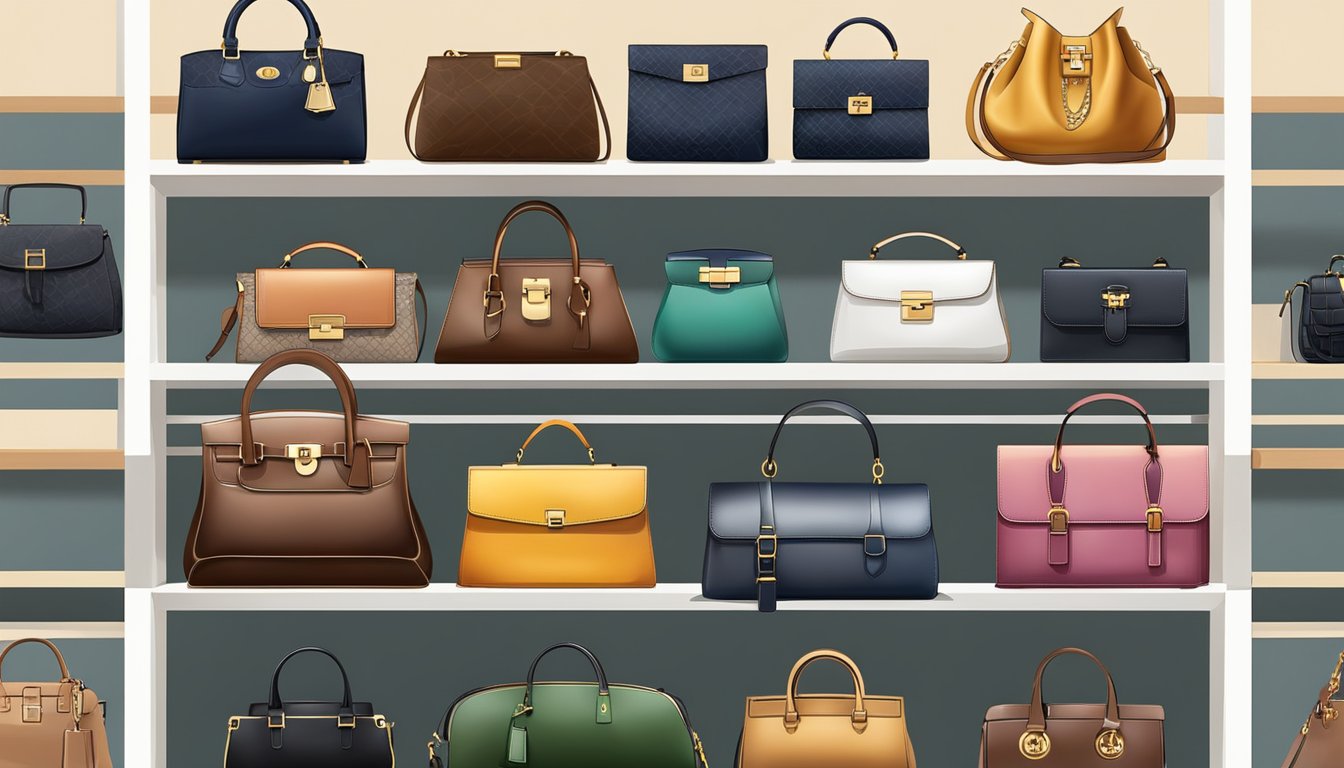 A collection of iconic British handbags displayed on a shelf, showcasing luxury and elegance