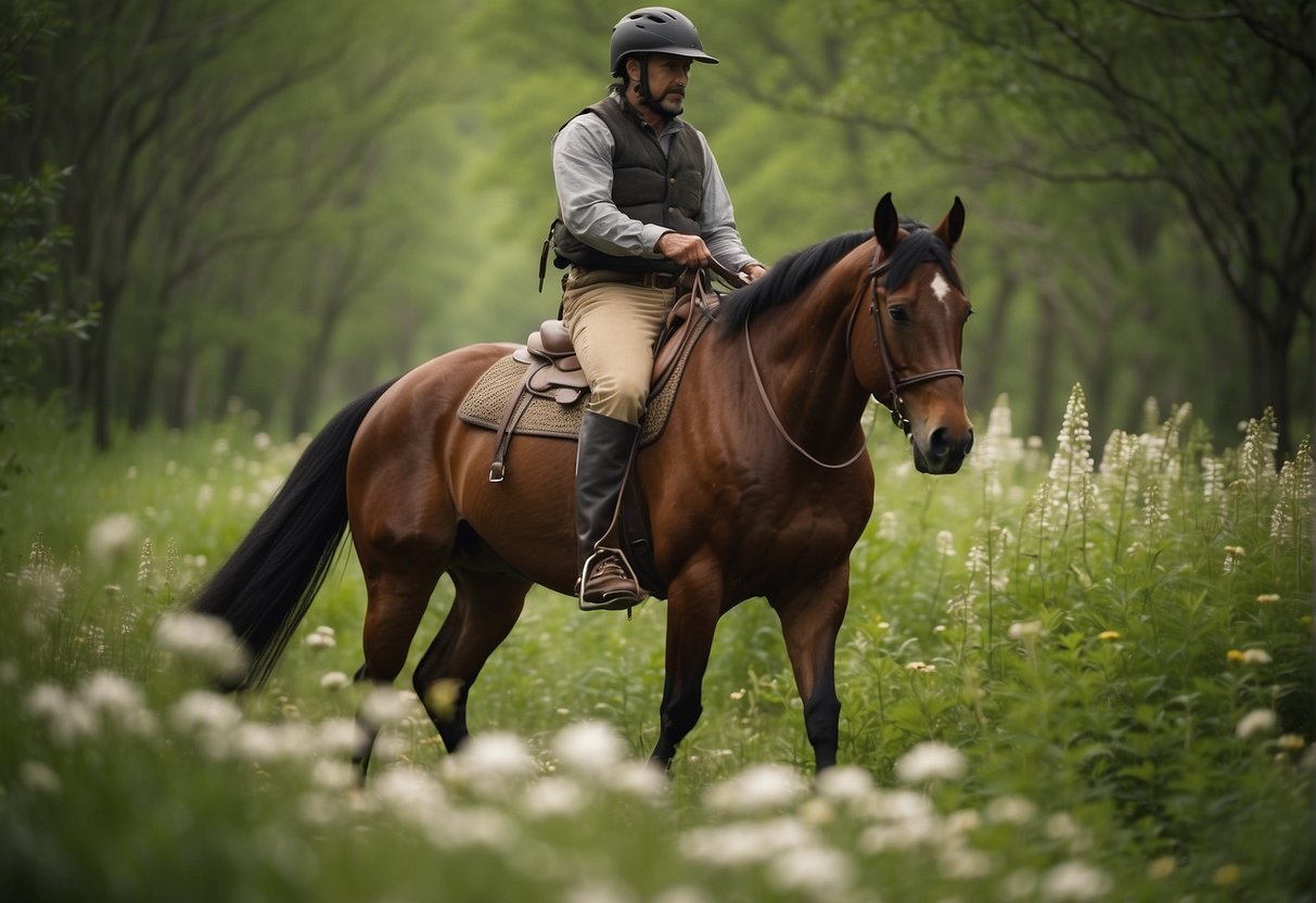 A rider mounts a spring horse on a Missouri trail, surrounded by lush greenery and blooming wildflowers. The horse's mane flows in the breeze as they embark on their journey
