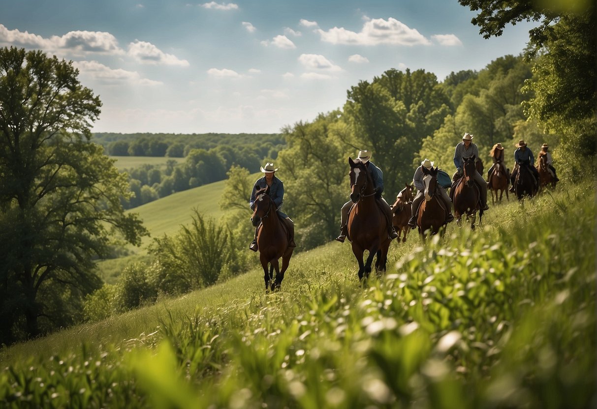Lush green trails wind through Missouri's countryside, with horses trotting along under the spring sun. Trees sway in the gentle breeze as riders of all ages enjoy the scenic beauty