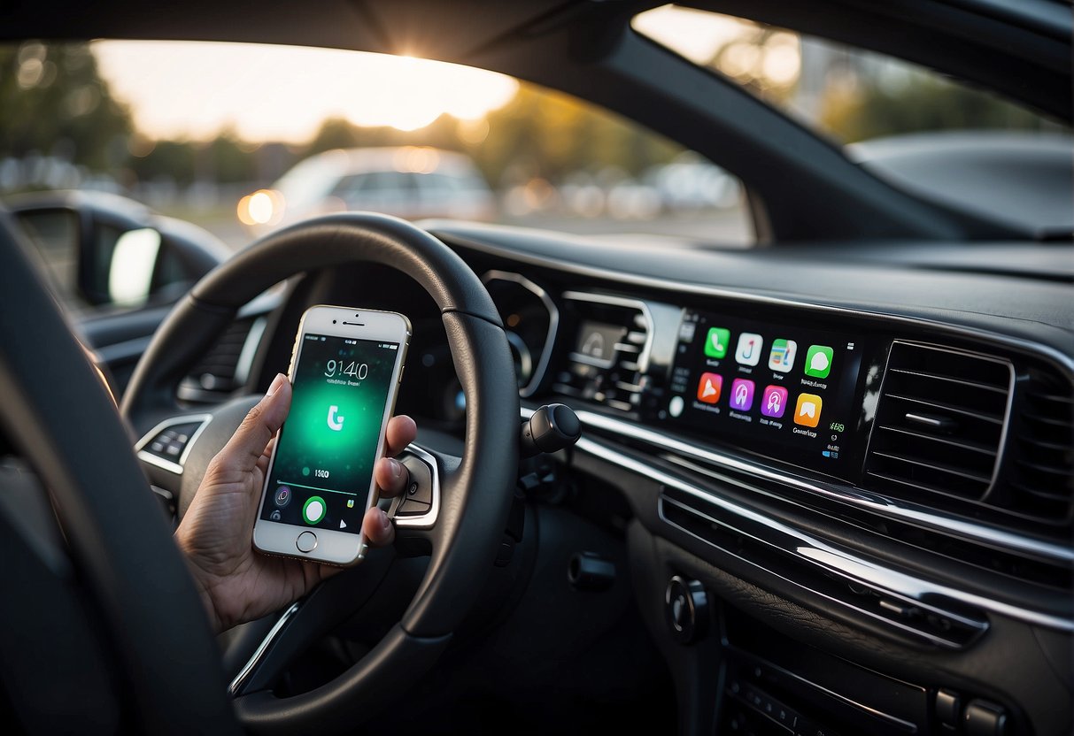 An iPhone is plugged into a car's USB port, while the car's screen displays the Apple CarPlay interface