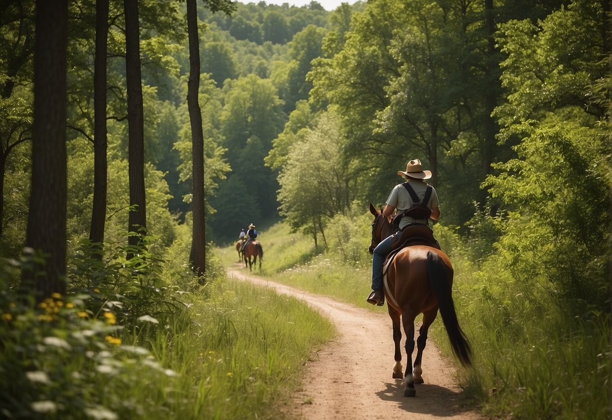 Lush green trails wind through Missouri's Conservation Areas and State Parks, perfect for spring horseback riding. Trees, wildflowers, and rolling hills create a picturesque backdrop for riders of all ages