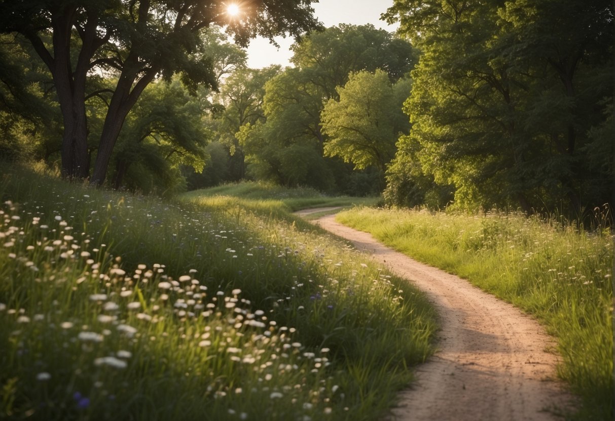 Lush green trees and blooming wildflowers line a winding trail in Missouri. A gentle breeze carries the scent of fresh earth as horses trot along the path