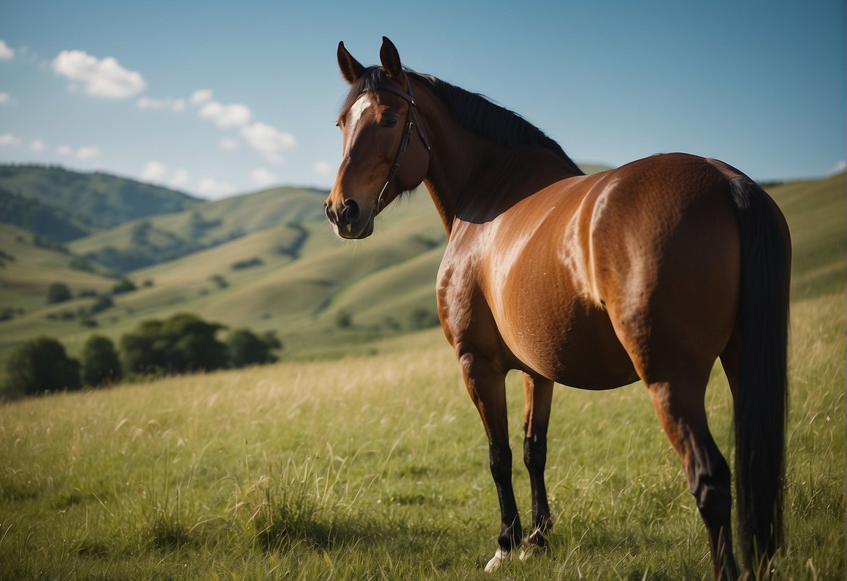A horse saddled and bridled, standing in a lush green pasture with a backdrop of rolling hills and a clear blue sky