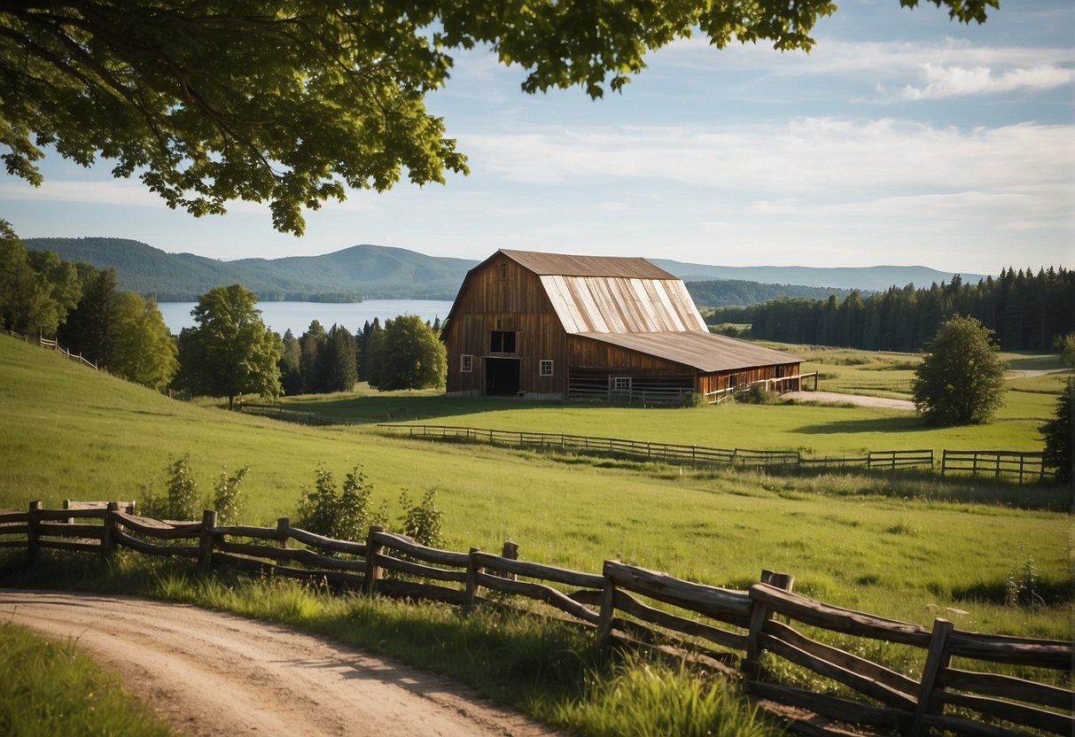 Lush green hillsides with winding trails, a serene lake in the distance, and a rustic barn nestled among the trees. A family-friendly atmosphere with horses grazing and children enjoying the outdoors