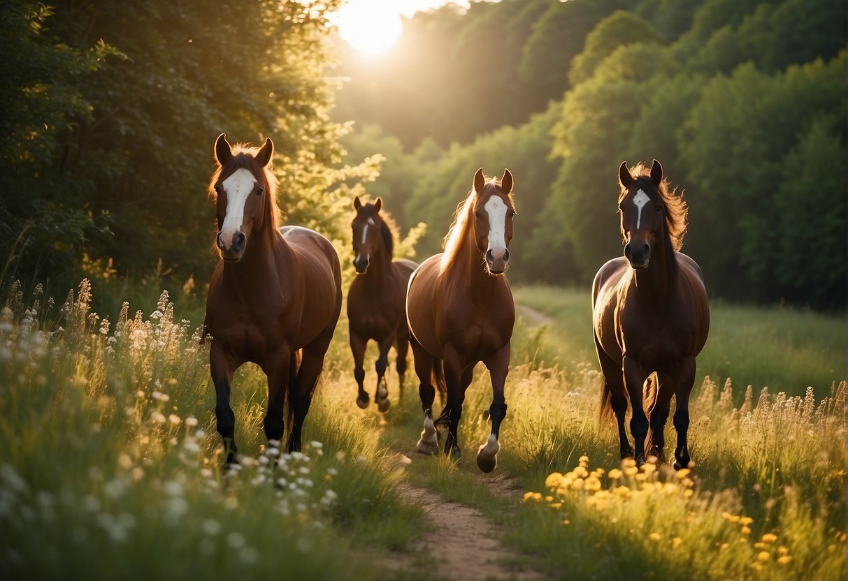 A group of horses traverse a scenic trail in Missouri, passing by blooming wildflowers and lush greenery. The sun shines overhead, casting a warm glow on the landscape