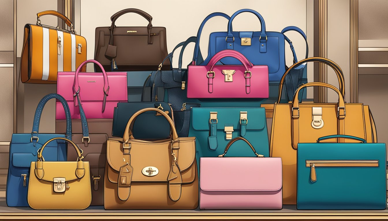 A display of various handbag brands from the UK, with logos and designs showcased