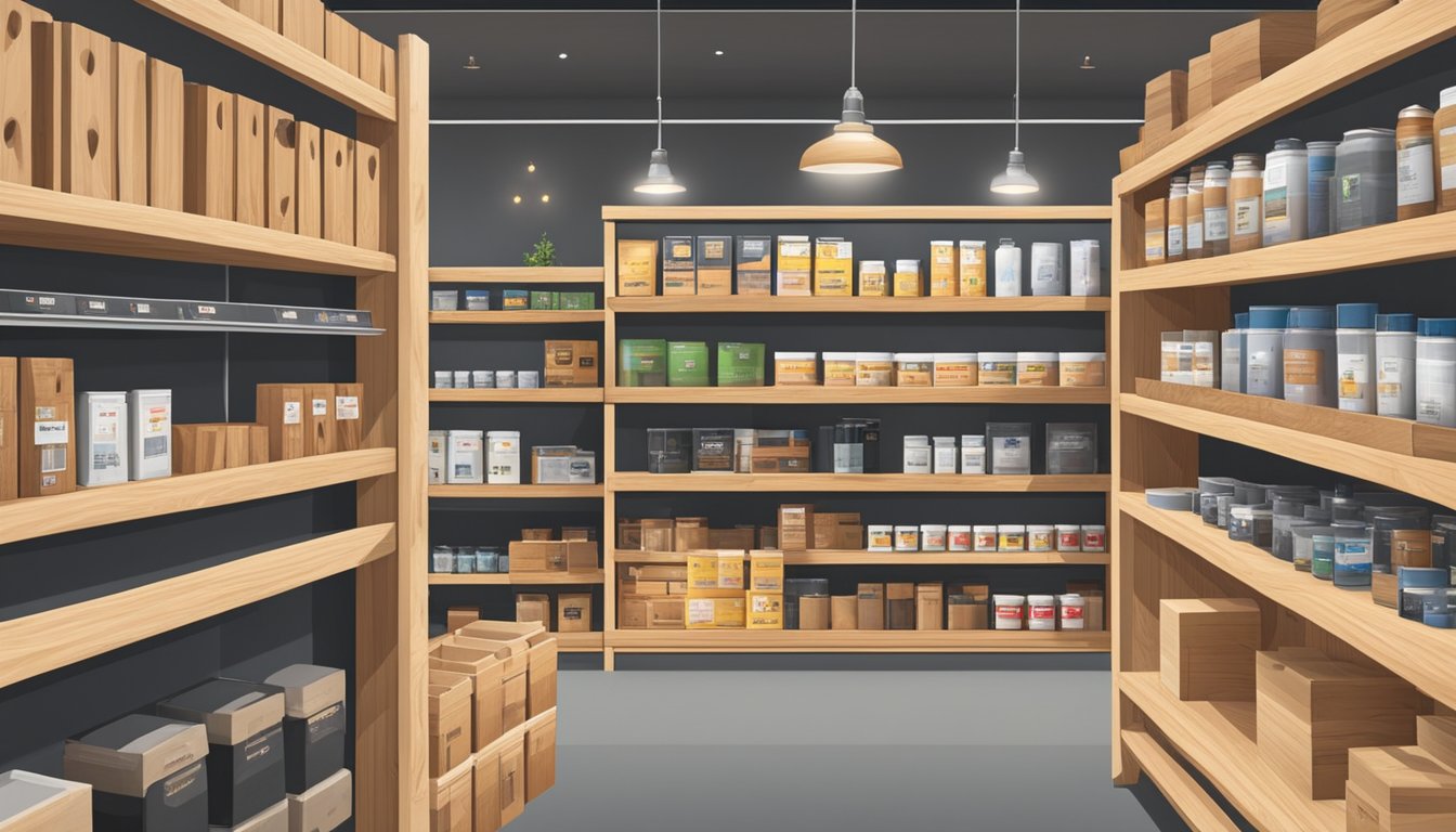 A hardware store in Singapore sells DIY wood. Shelves display various types and sizes of wood, with price tags and signage indicating the different options available