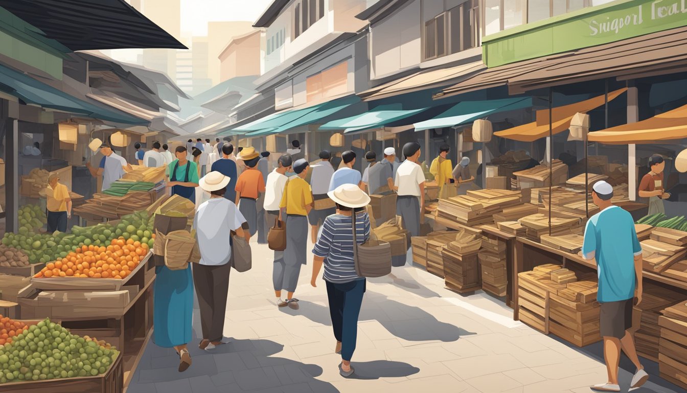 A bustling marketplace in Singapore showcases a variety of quality wood and timber for sale, with vibrant displays and knowledgeable vendors