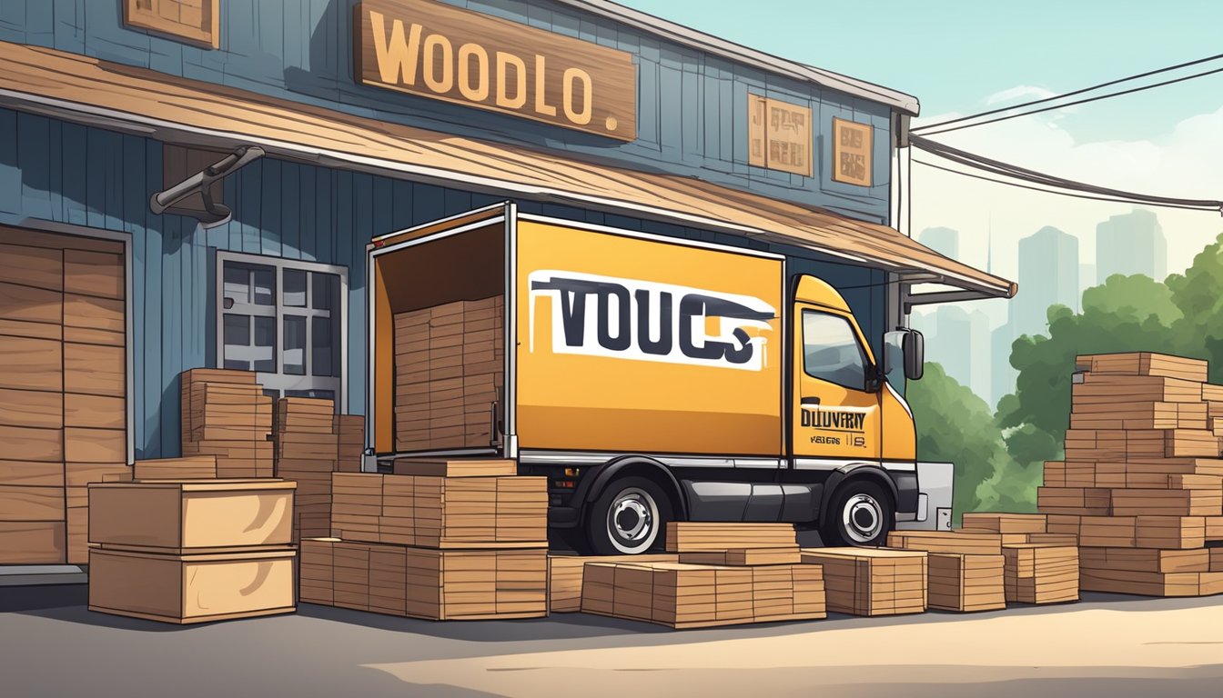 Wood materials stacked in a hardware store, with various tools and paint for customization. Delivery truck parked outside. Singaporean DIY wood supplier sign visible