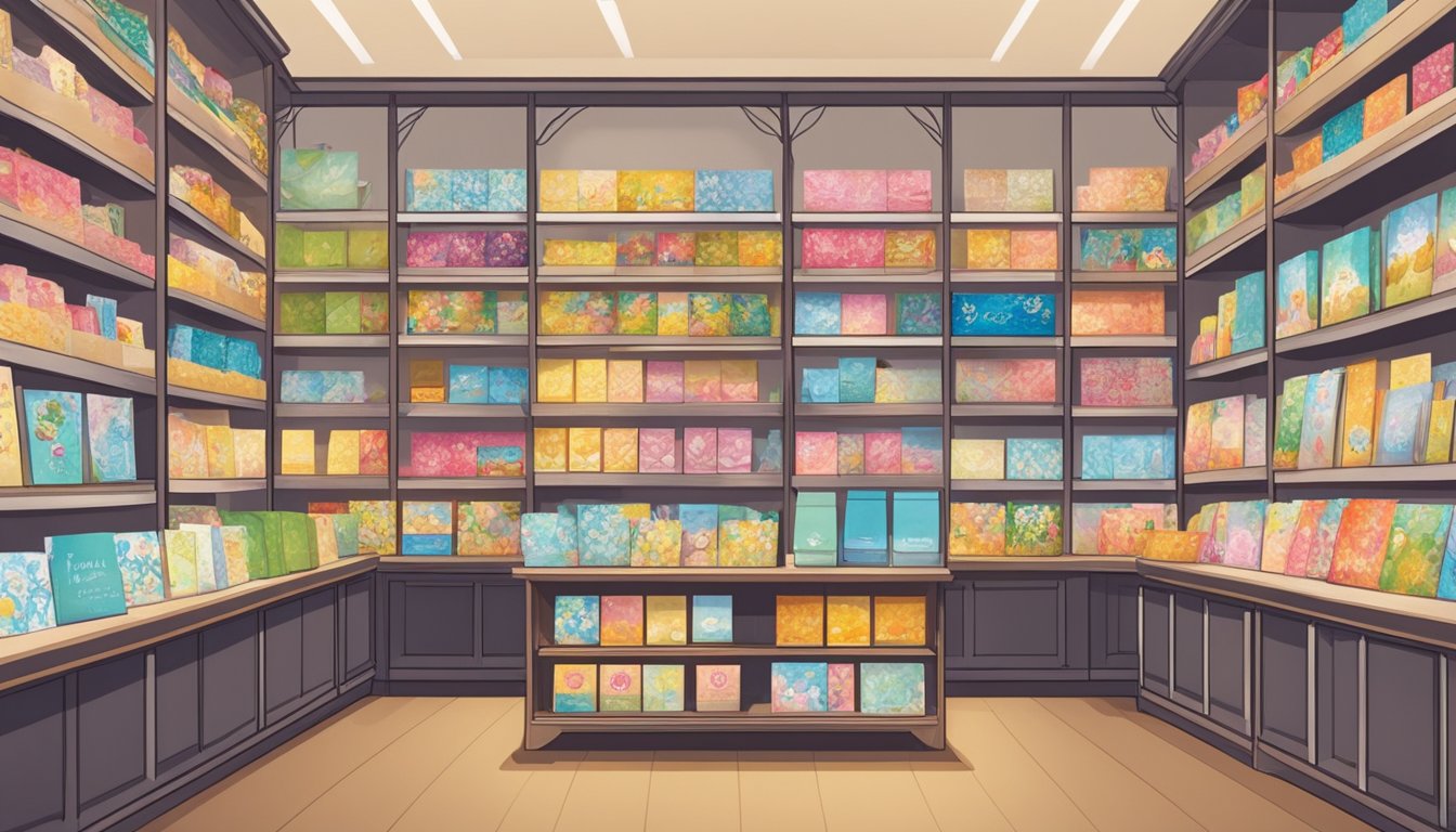 A colorful display of greeting cards in a well-lit store in Singapore. Shelves are neatly arranged with various designs for different occasions
