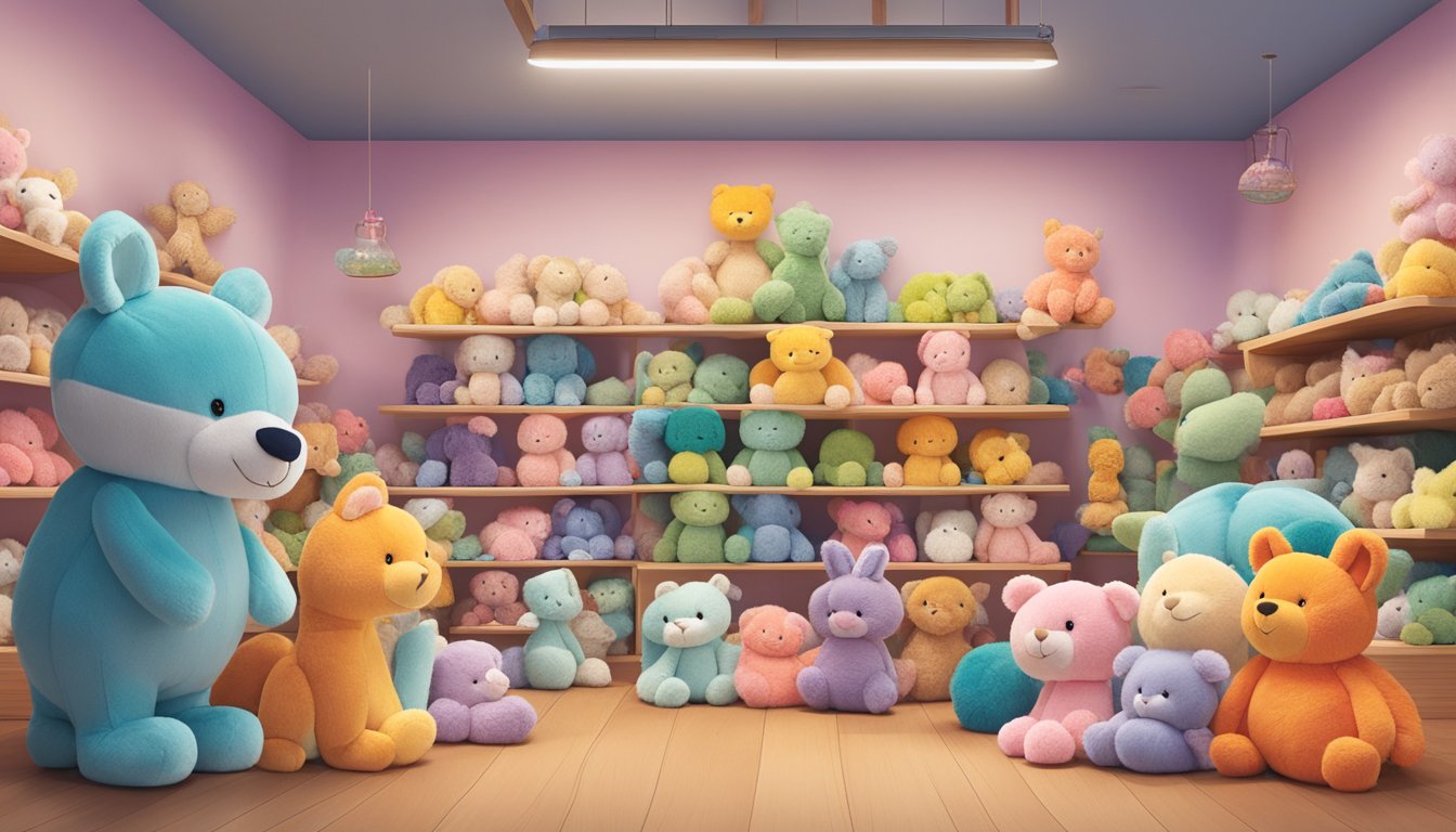 A cozy corner in a Singaporean toy store displays a variety of Jellycat plush toys, with bright colors and soft textures