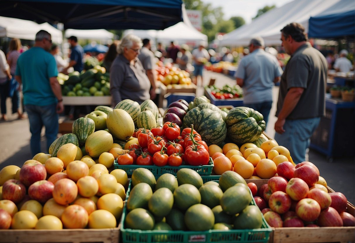 Shoppers browse colorful produce at a bustling Missouri farmers market, while vendors proudly display their fresh, locally grown goods