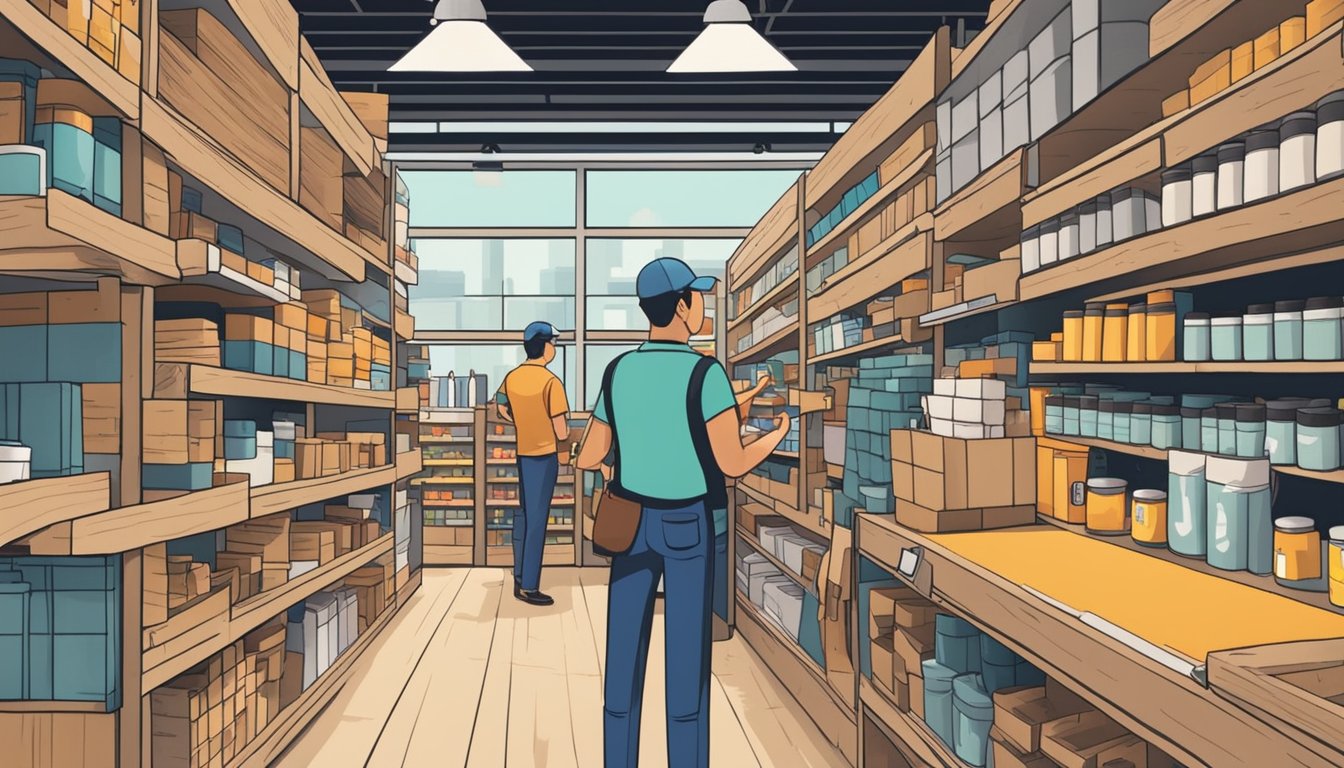A bustling hardware store in Singapore, shelves stocked with DIY wood supplies. Customers browsing, asking staff for assistance