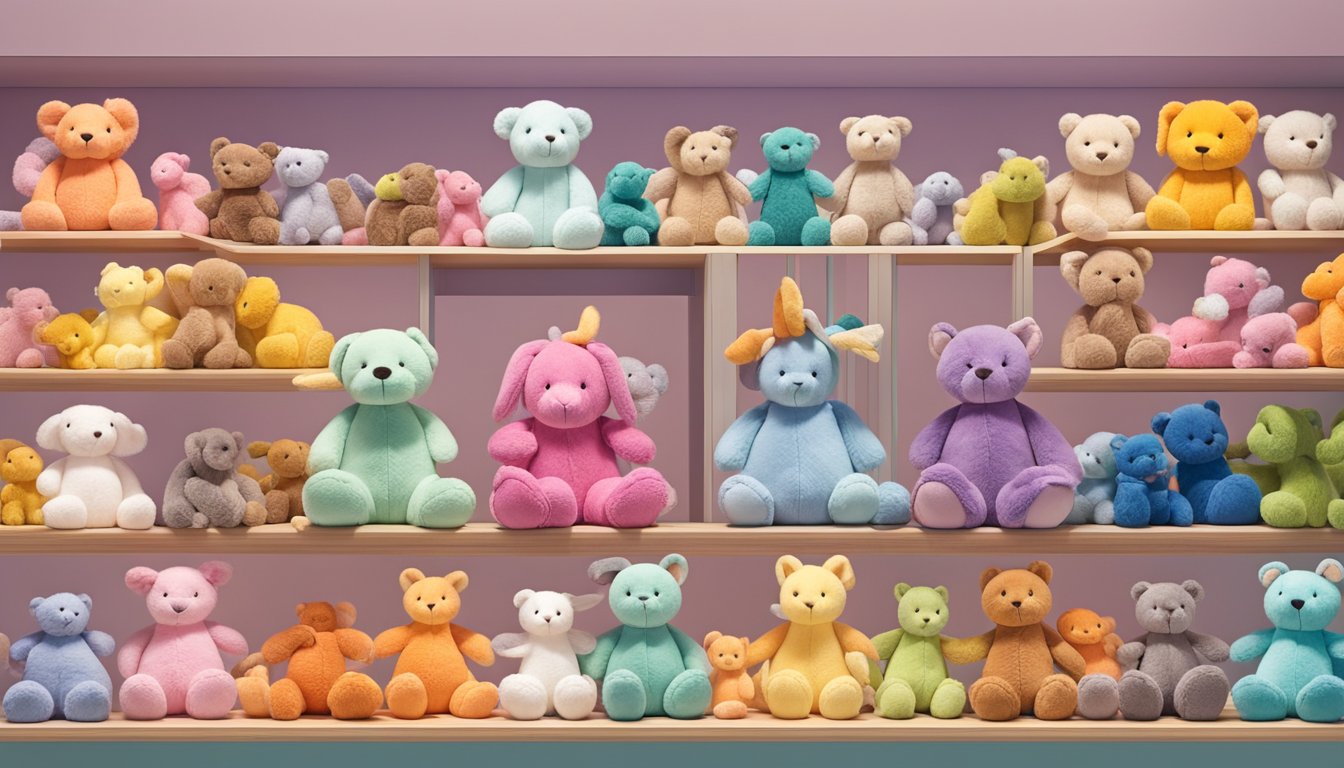 A colorful array of Jellycat plush toys displayed in a whimsical boutique in Singapore, inviting customers to explore and purchase the beloved soft toys