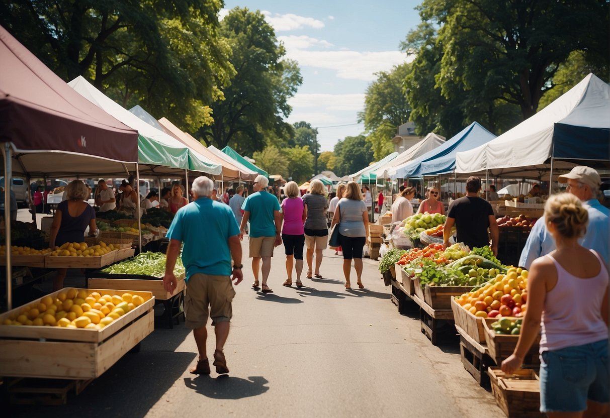 Visitors browse colorful stalls at a bustling Missouri farmers market. Fresh produce, flowers, and artisanal goods line the pathways as people enjoy the lively atmosphere