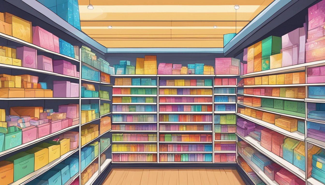 Colorful shelves display greeting cards at a bustling stationery store in Singapore. Bright lights illuminate the array of cards, showcasing various designs and messages