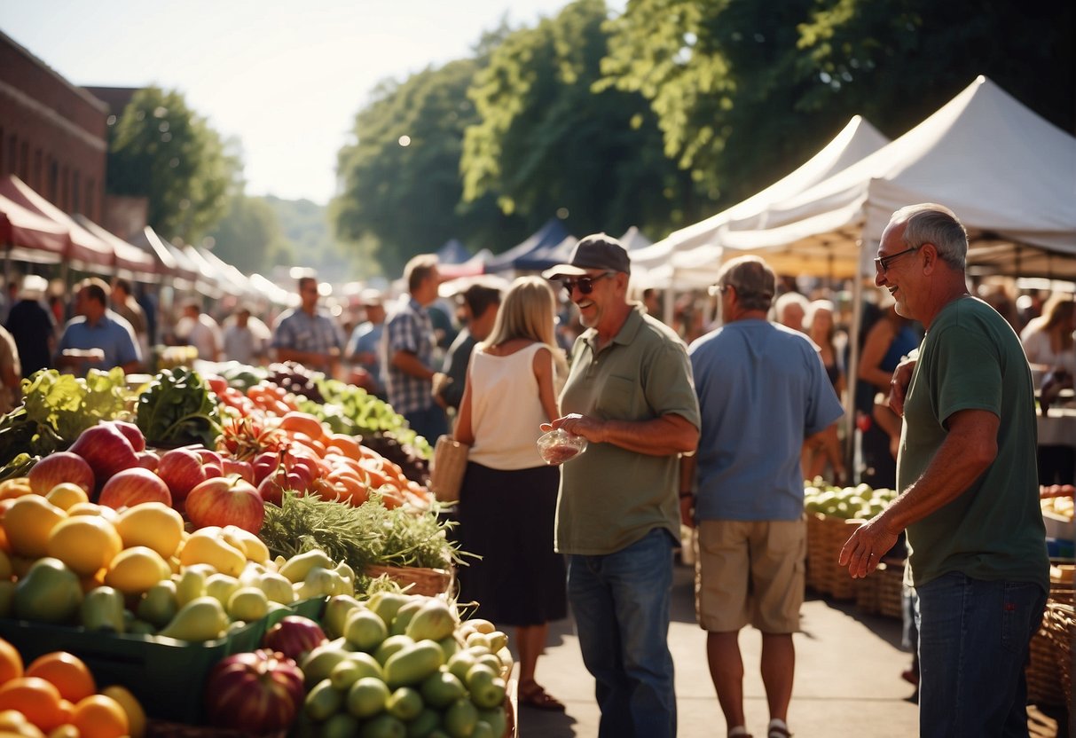Crowds browse colorful stalls at Missouri farmers markets, sampling fresh produce and chatting with vendors. The sun shines, and the air is filled with the sounds of laughter and the smell of delicious food
