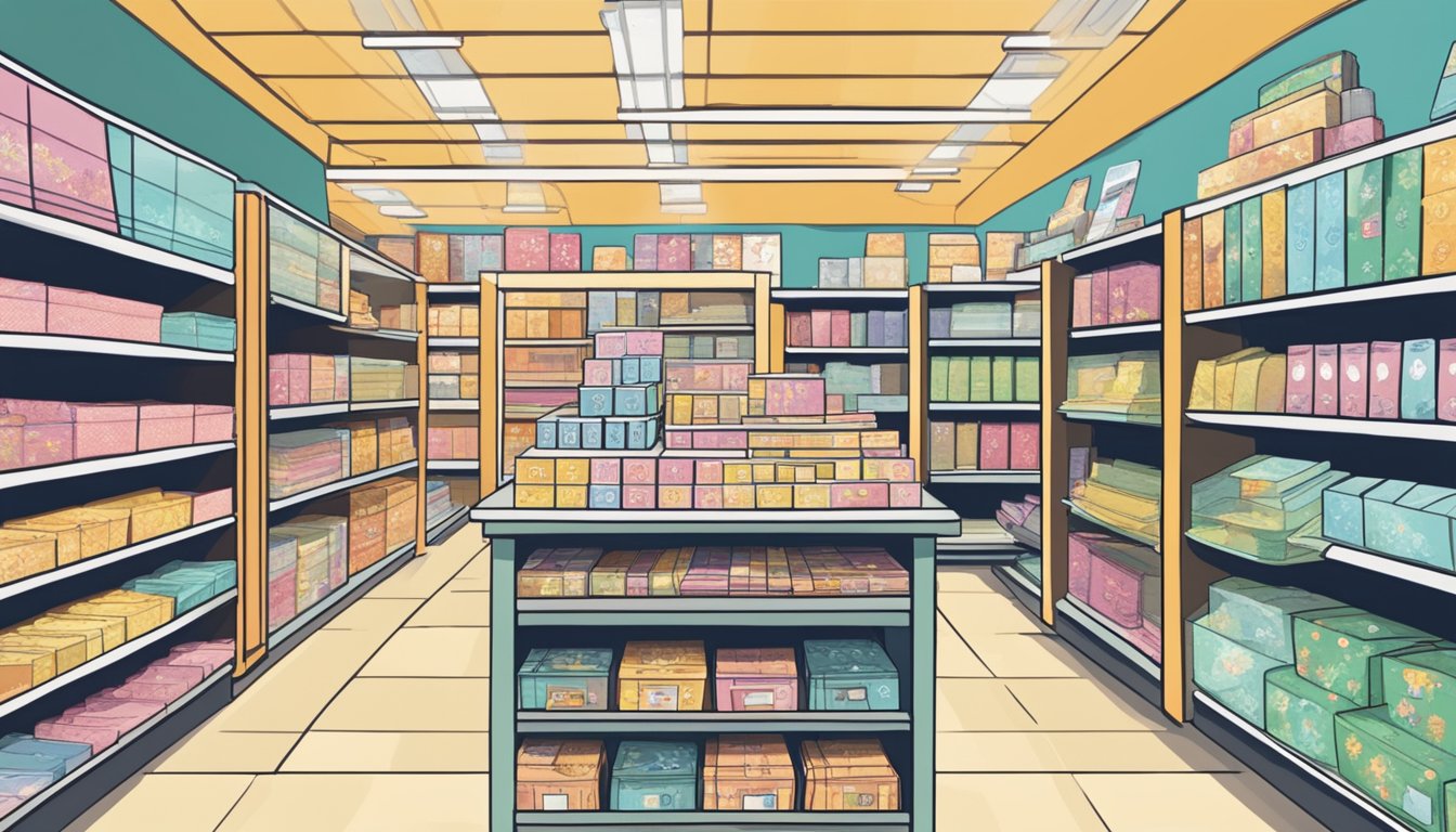 A colorful display of greeting cards in a Singaporean store, with shelves neatly organized and a sign reading "Frequently Asked Questions: Where to buy greeting cards in Singapore"