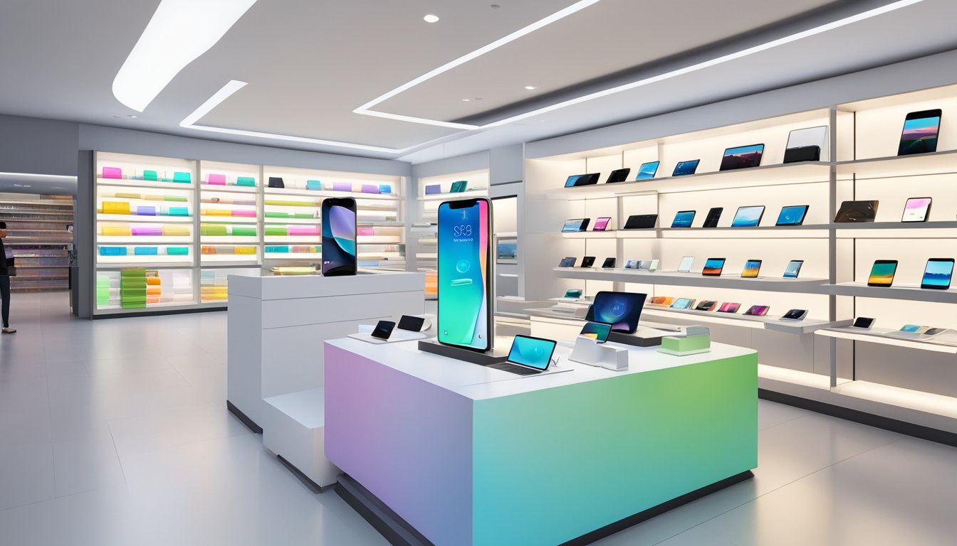 A display of various iPhone models in a sleek and modern electronic store in Singapore, with bright lighting and clean, organized shelves showcasing the latest technology