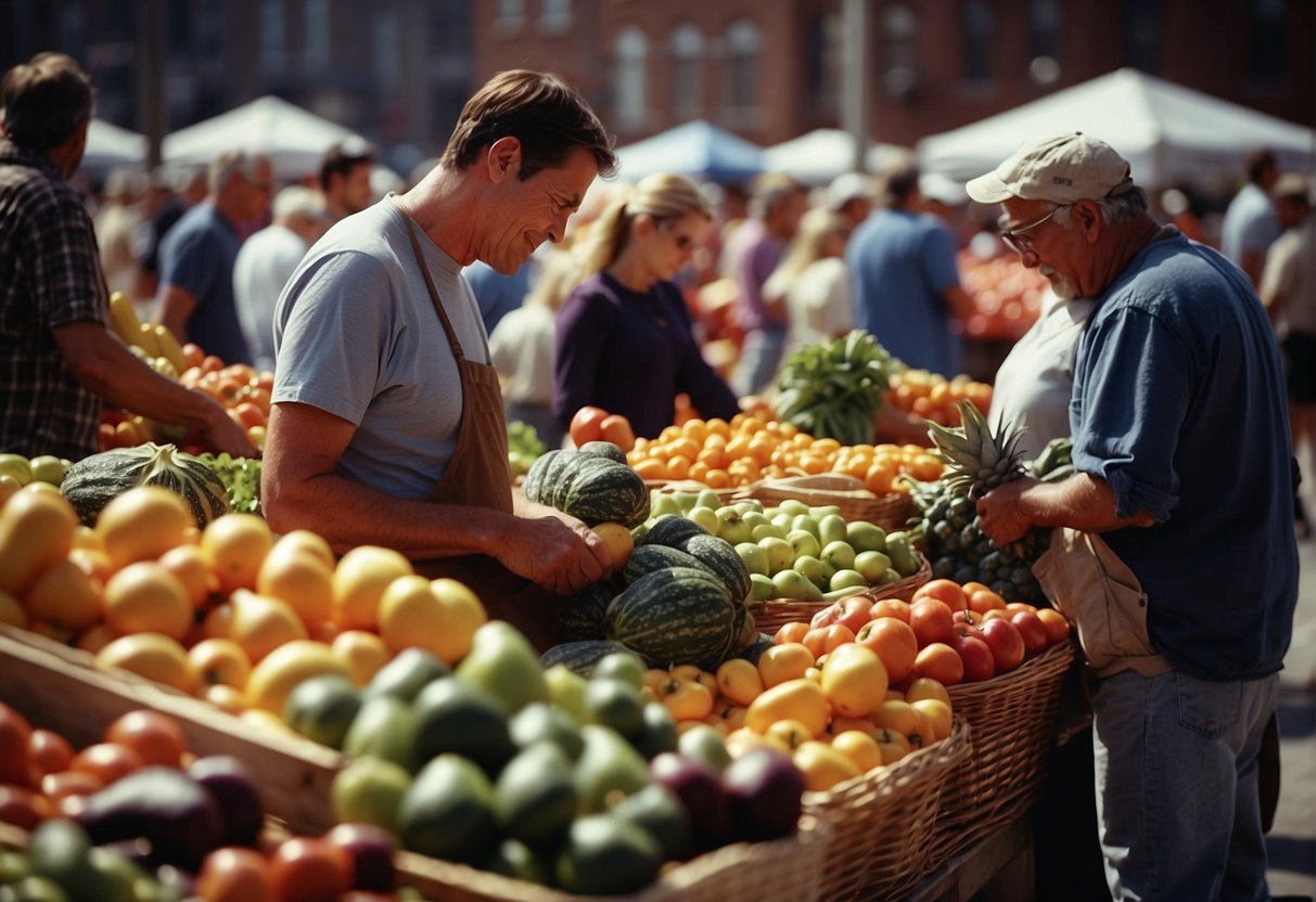 Customers browse colorful produce at bustling Missouri farmers markets, while vendors proudly display their locally grown and produced goods