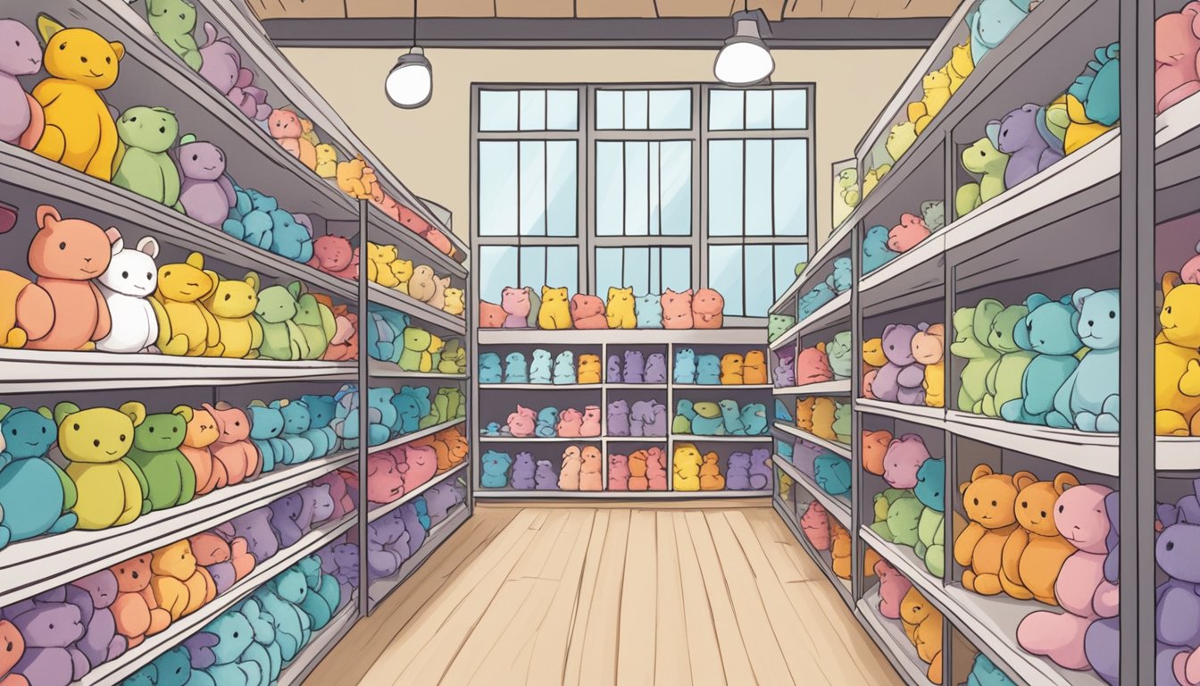 A colorful display of Jellycat plush toys in a Singaporean store, with shelves neatly organized and a sign reading "Frequently Asked Questions: Where to buy Jellycat in Singapore."