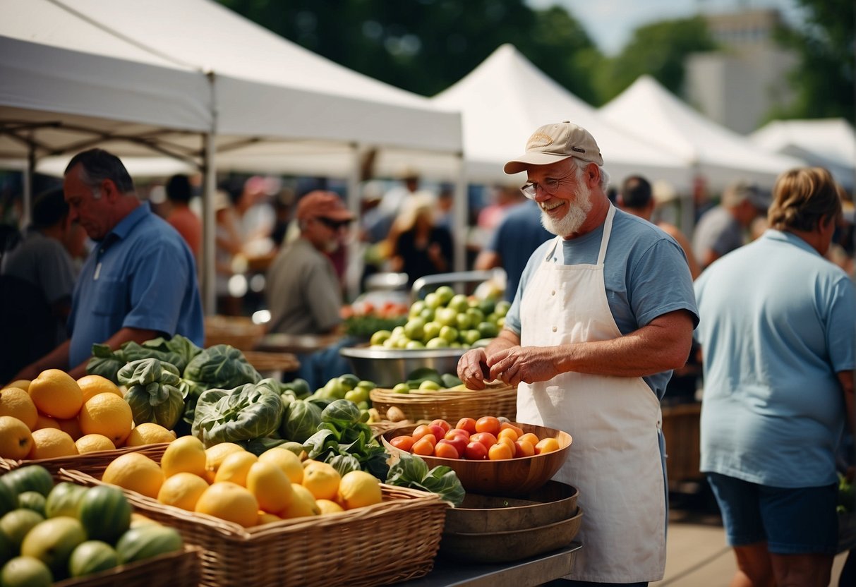 People enjoying fresh produce, live music, and cooking demonstrations at Missouri's bustling farmers markets. Support programs and community services provide assistance and resources to navigate the market experience