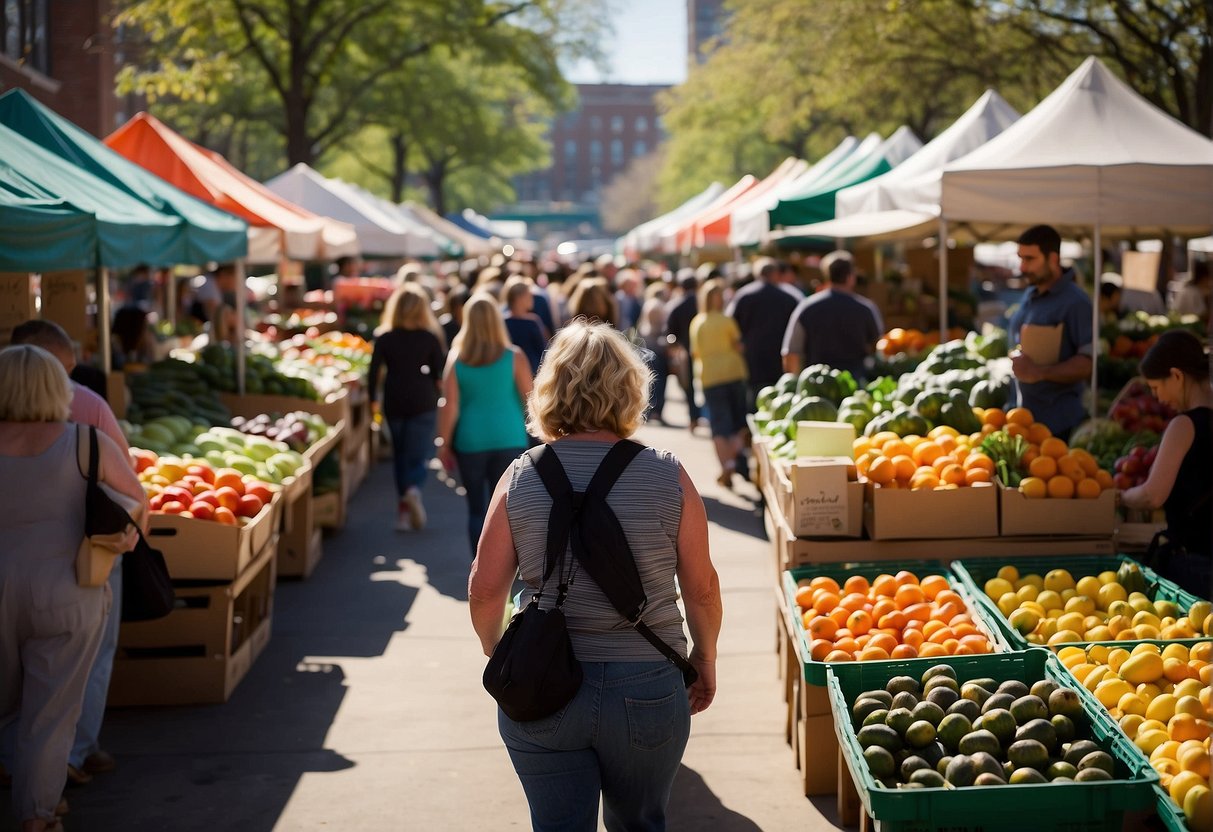 Vibrant produce stalls line a bustling Missouri farmers market, with eager shoppers browsing fresh fruits and vegetables. A sunny spring day creates a lively atmosphere as vendors engage with customers