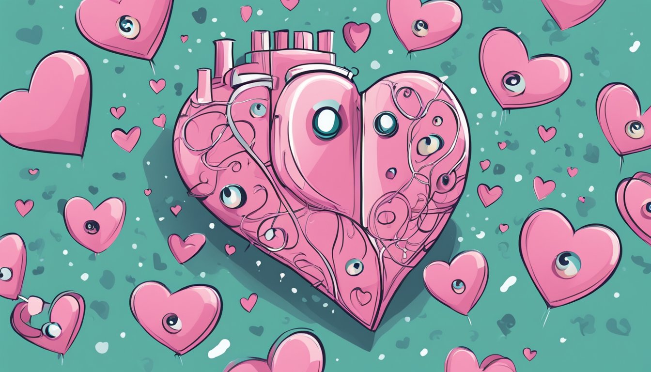 A heart with eyes surrounded by floating question marks