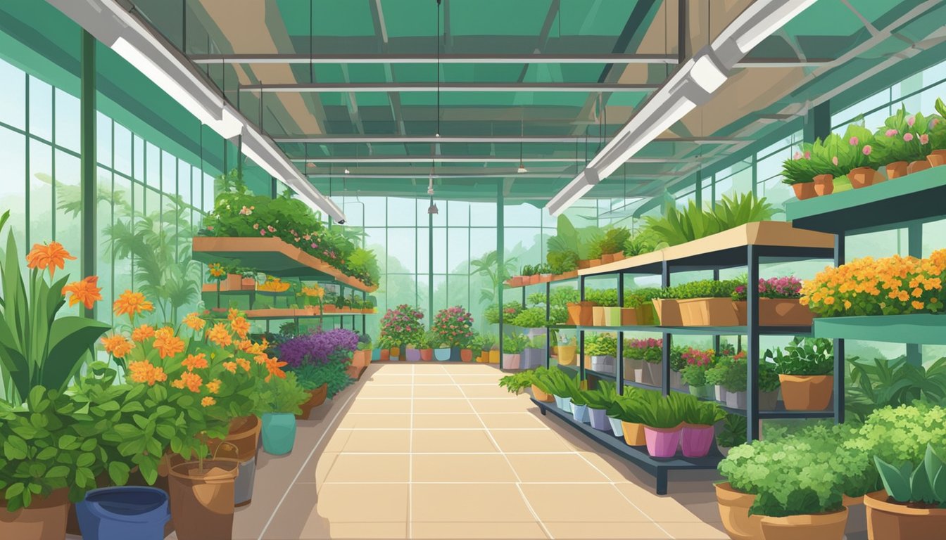 Lush greenery fills a vibrant plant nursery in Singapore. Rows of potted plants line the shelves, while colorful blooms and exotic foliage create a lush and inviting atmosphere