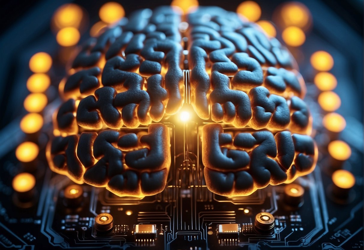 A glowing brain surrounded by circuitry, emitting light and processing data