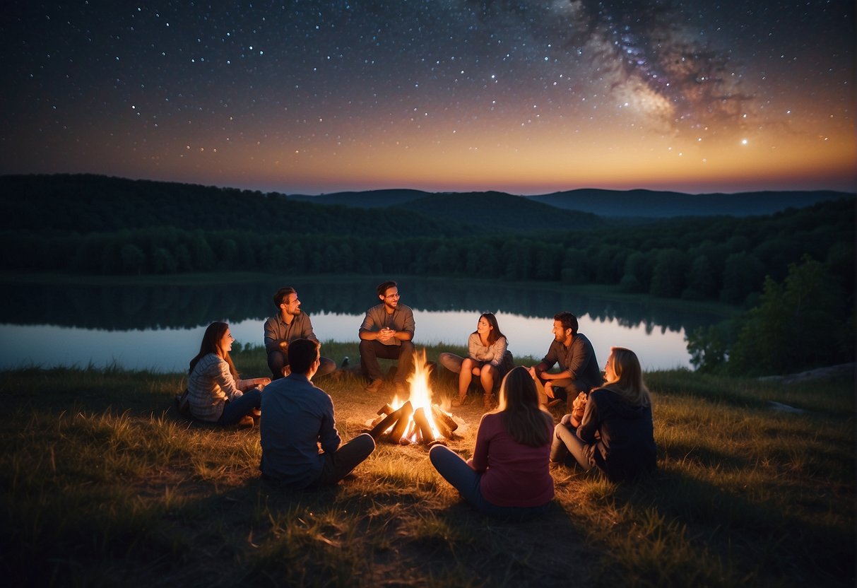 Families gather around campfires under a starry sky in the Missouri wilderness, surrounded by rolling hills and peaceful lakes