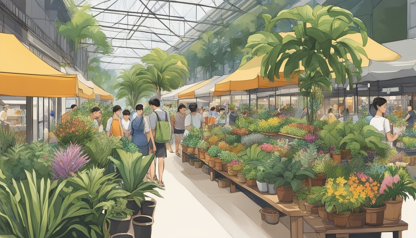 Lush greenery spills out of vibrant planters at bustling markets and serene nurseries in Singapore. Shoppers admire the array of potted plants, from exotic orchids to lush ferns, under the warm tropical sun