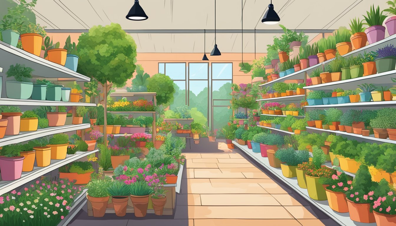 A lush garden center with rows of vibrant plants, colorful pots, and gardening tools displayed on shelves. Customers browsing and chatting with knowledgeable staff