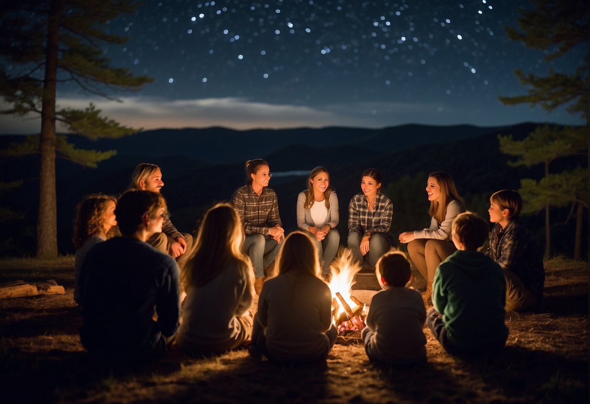Families gather around crackling campfires under a starry Missouri sky, surrounded by lush forests and rolling hills, as they embark on a spring break stargazing adventure