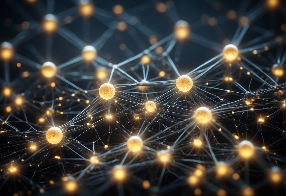 A complex network of interconnected nodes and data streams, pulsing with energy and information, representing the inner workings of AI cognition technology