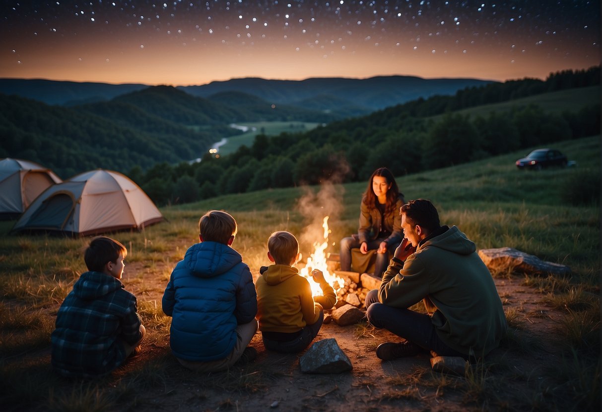 A family sets up camp under a starry sky in Missouri, surrounded by rolling hills and a crackling campfire