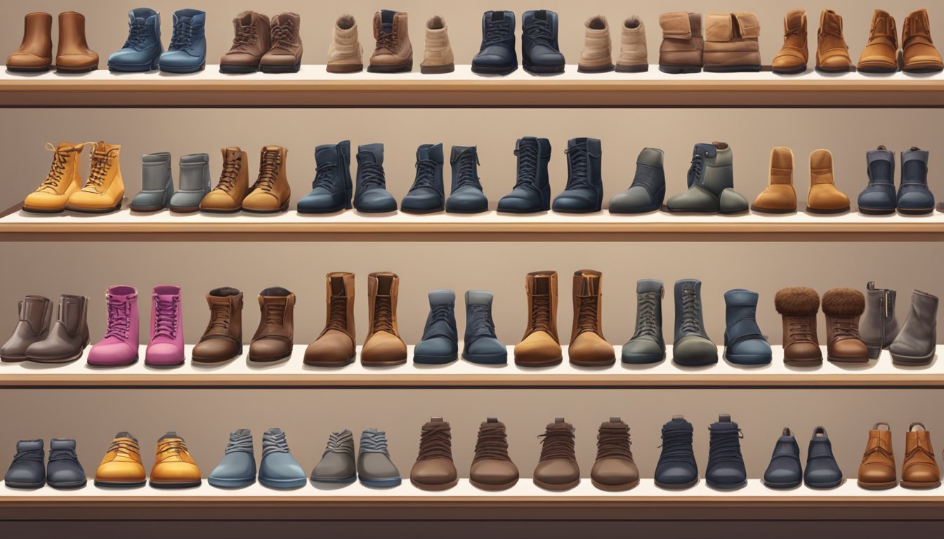 A cozy shoe store in Singapore displays rows of stylish winter boots for sale