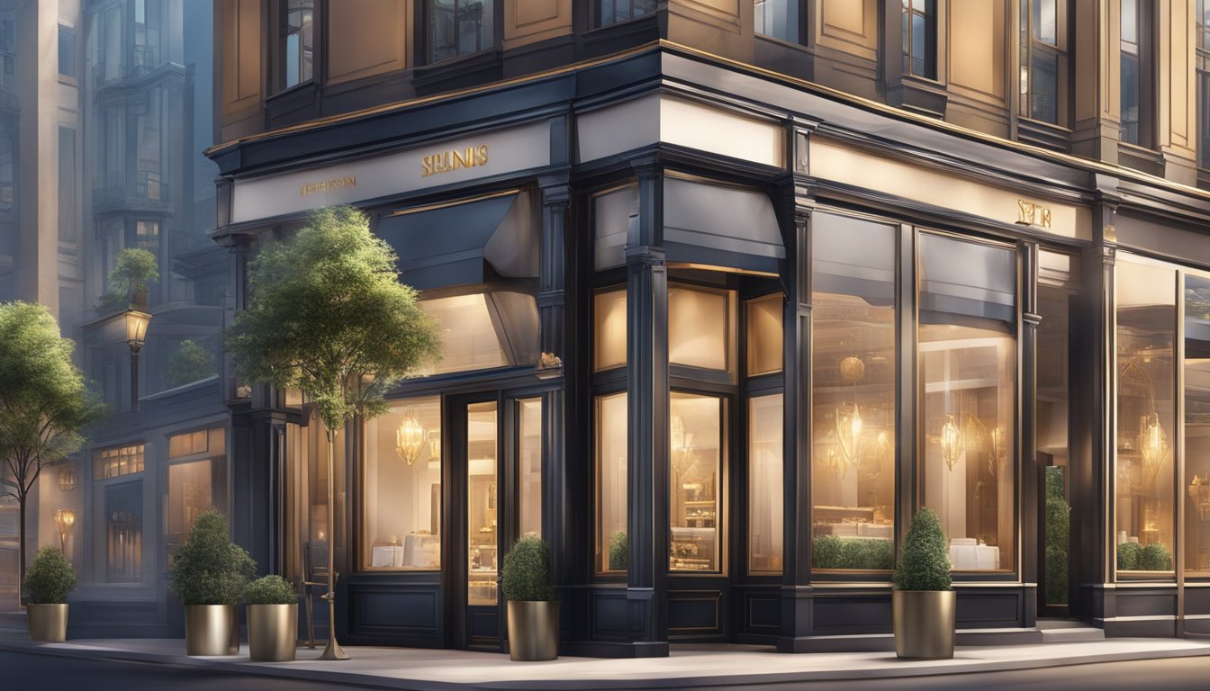 Luxury storefronts gleam with polished logos, surrounded by sleek architecture and upscale signage