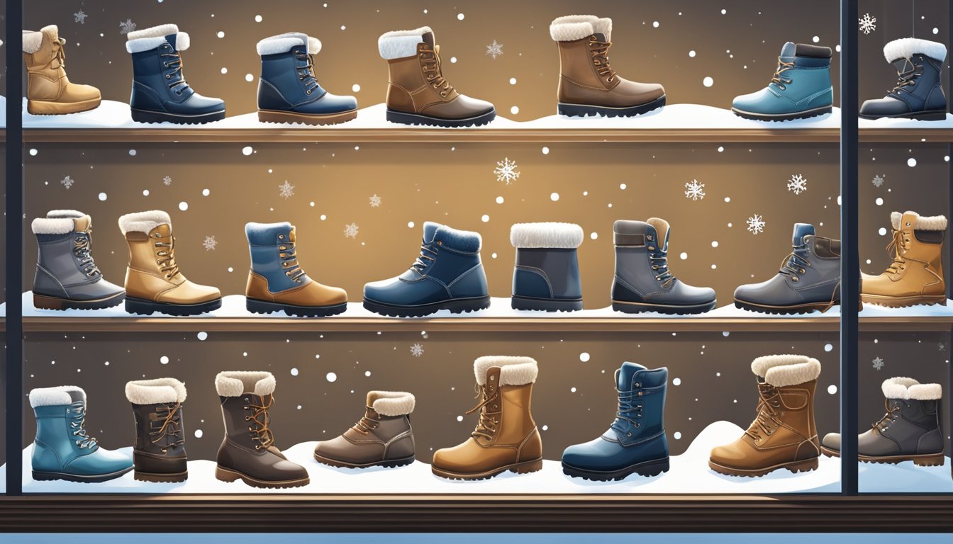 A display of high-quality winter boots in a well-lit store, with various styles and sizes neatly arranged on shelves. Snowflakes and icicles are depicted in the store's window display