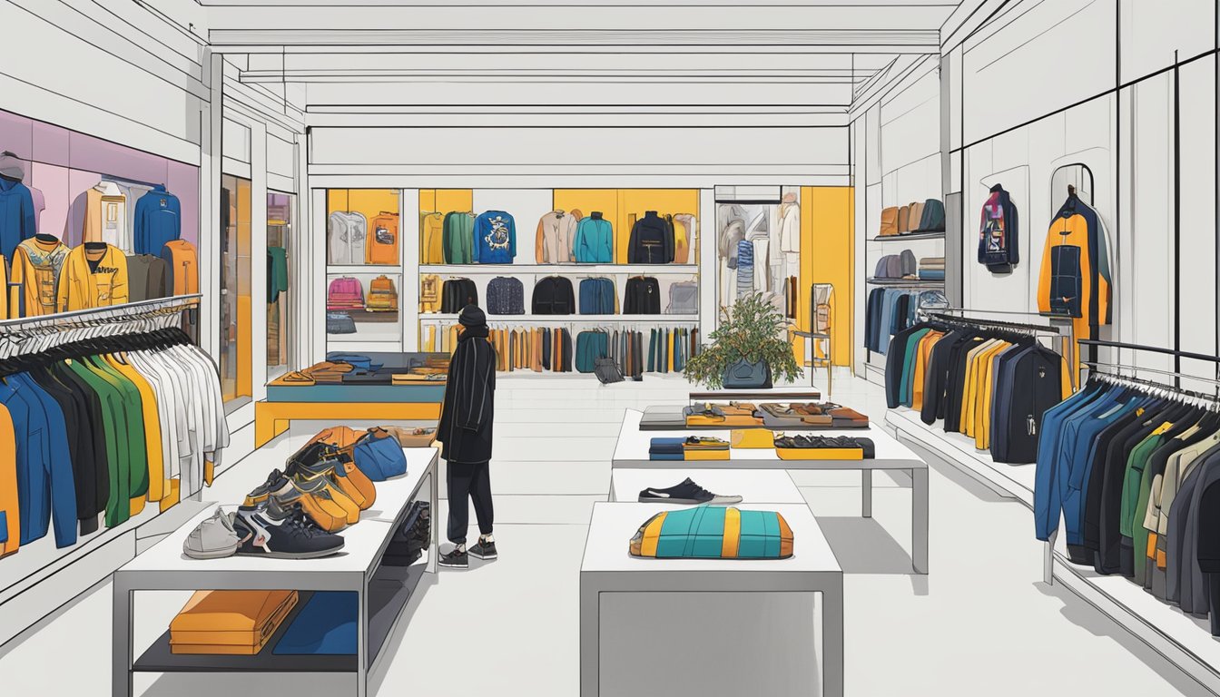 A vibrant display of Heresy Brand's collections and collaborations, featuring bold graphic designs and innovative streetwear pieces, showcased in a sleek and modern retail space
